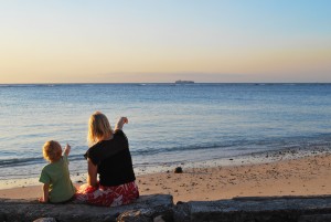 mom and child at beach