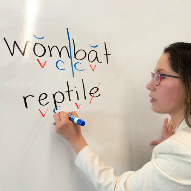 Orton-Gillingham Institute Director Peggy Price writes on a whiteboard